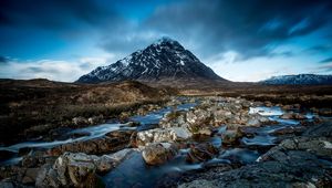 Preview wallpaper mountain, river, stones, clouds, sky, landscape, water, current