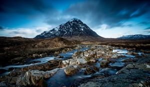 Preview wallpaper mountain, river, stones, clouds, sky, landscape, water, current