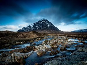 Preview wallpaper mountain, river, stones, clouds, sky, landscape, water, current