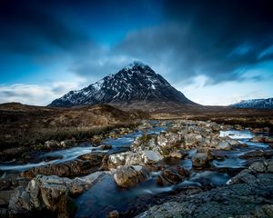 Preview wallpaper mountain, river, stones, clouds, sky, landscape, water, current