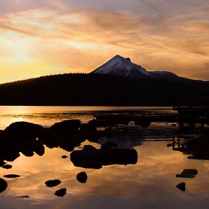Preview wallpaper mountain, river, stones, twilight