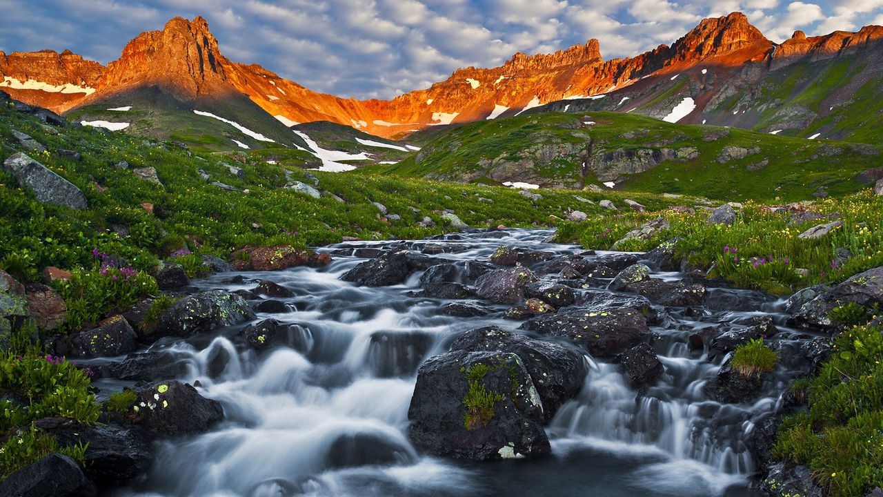 Wallpaper mountain river, stones, cascades, morning, sky, shadow, moss, landscape