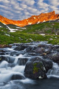 Preview wallpaper mountain river, stones, cascades, morning, sky, shadow, moss, landscape