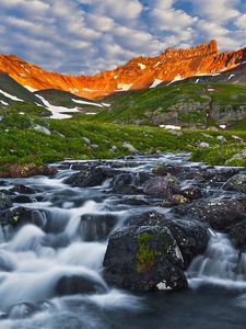 Preview wallpaper mountain river, stones, cascades, morning, sky, shadow, moss, landscape