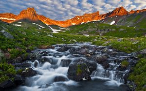 Preview wallpaper mountain river, stones, cascades, morning, sky, shadow, moss, landscape