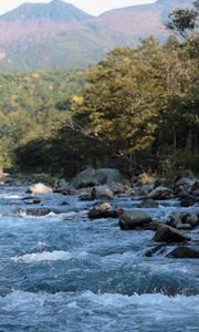 Preview wallpaper mountain river, stream, water, stones, splashes