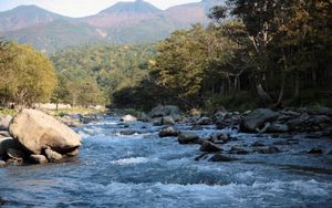 Preview wallpaper mountain river, stream, water, stones, splashes