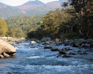 Preview wallpaper mountain river, stream, water, stones, splashes