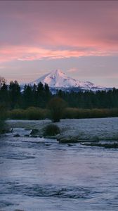 Preview wallpaper mountain, river, trees, forest, sunset, nature