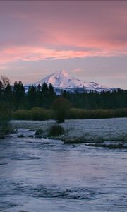 Preview wallpaper mountain, river, trees, forest, sunset, nature