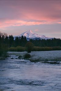 Preview wallpaper mountain, river, trees, forest, sunset, nature