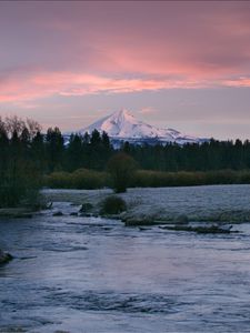 Preview wallpaper mountain, river, trees, forest, sunset, nature