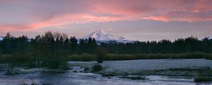 Preview wallpaper mountain, river, trees, forest, sunset, nature