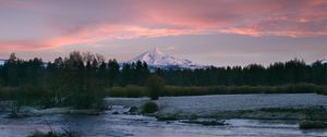 Preview wallpaper mountain, river, trees, forest, sunset, nature