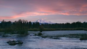 Preview wallpaper mountain, river, trees, forest, sunset, nature