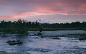 Preview wallpaper mountain, river, trees, forest, sunset, nature