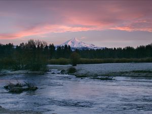 Preview wallpaper mountain, river, trees, forest, sunset, nature