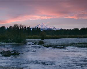 Preview wallpaper mountain, river, trees, forest, sunset, nature