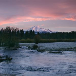 Preview wallpaper mountain, river, trees, forest, sunset, nature