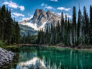 Preview wallpaper mountain, river, trees, shore, nature