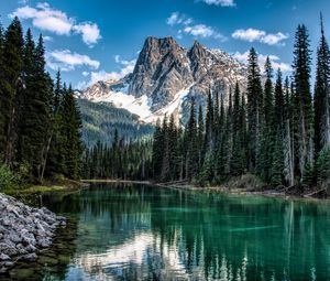 Preview wallpaper mountain, river, trees, shore, nature