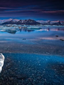 Preview wallpaper mountain, river, winter, ice, snow