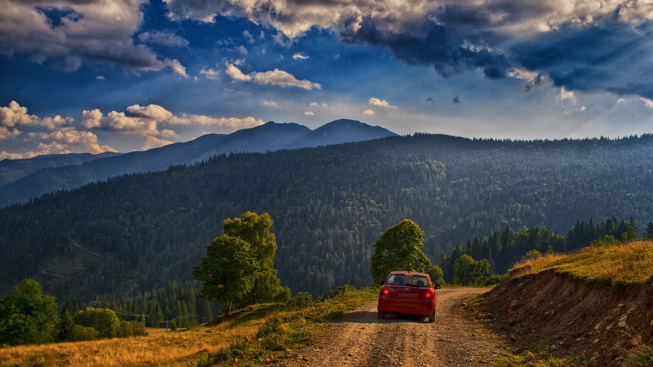 Wallpaper mountain, road, car, landscape