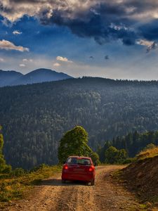 Preview wallpaper mountain, road, car, landscape