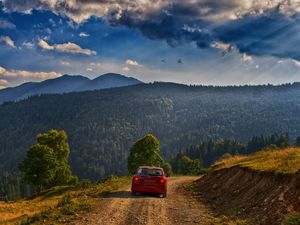 Preview wallpaper mountain, road, car, landscape