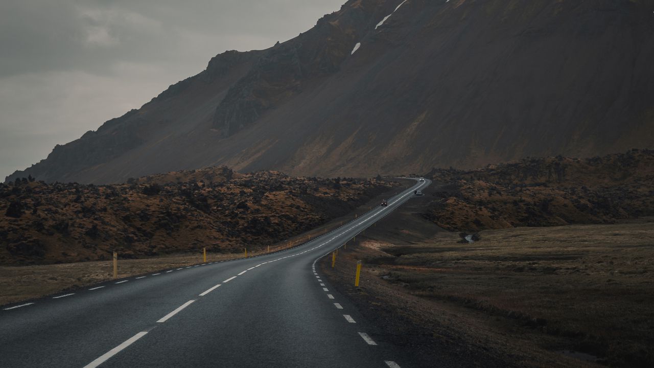 Wallpaper mountain, road, fog, asphalt, marking