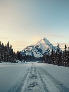Preview wallpaper mountain, road, snow, winter, trees, landscape