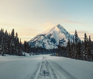 Preview wallpaper mountain, road, snow, winter, trees, landscape