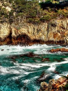 Preview wallpaper mountain, rock, bottom, sea, water, wave, greens, vegetation