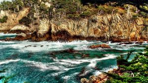 Preview wallpaper mountain, rock, bottom, sea, water, wave, greens, vegetation