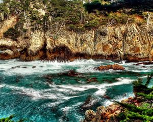 Preview wallpaper mountain, rock, bottom, sea, water, wave, greens, vegetation