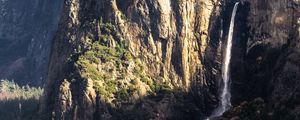 Preview wallpaper mountain, rock, cliff, waterfall, trees, landscape