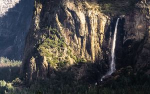 Preview wallpaper mountain, rock, cliff, waterfall, trees, landscape