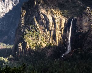 Preview wallpaper mountain, rock, cliff, waterfall, trees, landscape