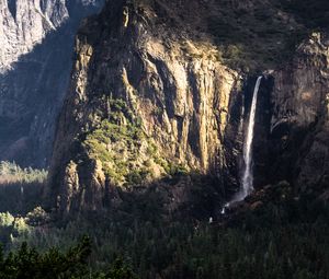 Preview wallpaper mountain, rock, cliff, waterfall, trees, landscape