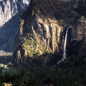 Preview wallpaper mountain, rock, cliff, waterfall, trees, landscape