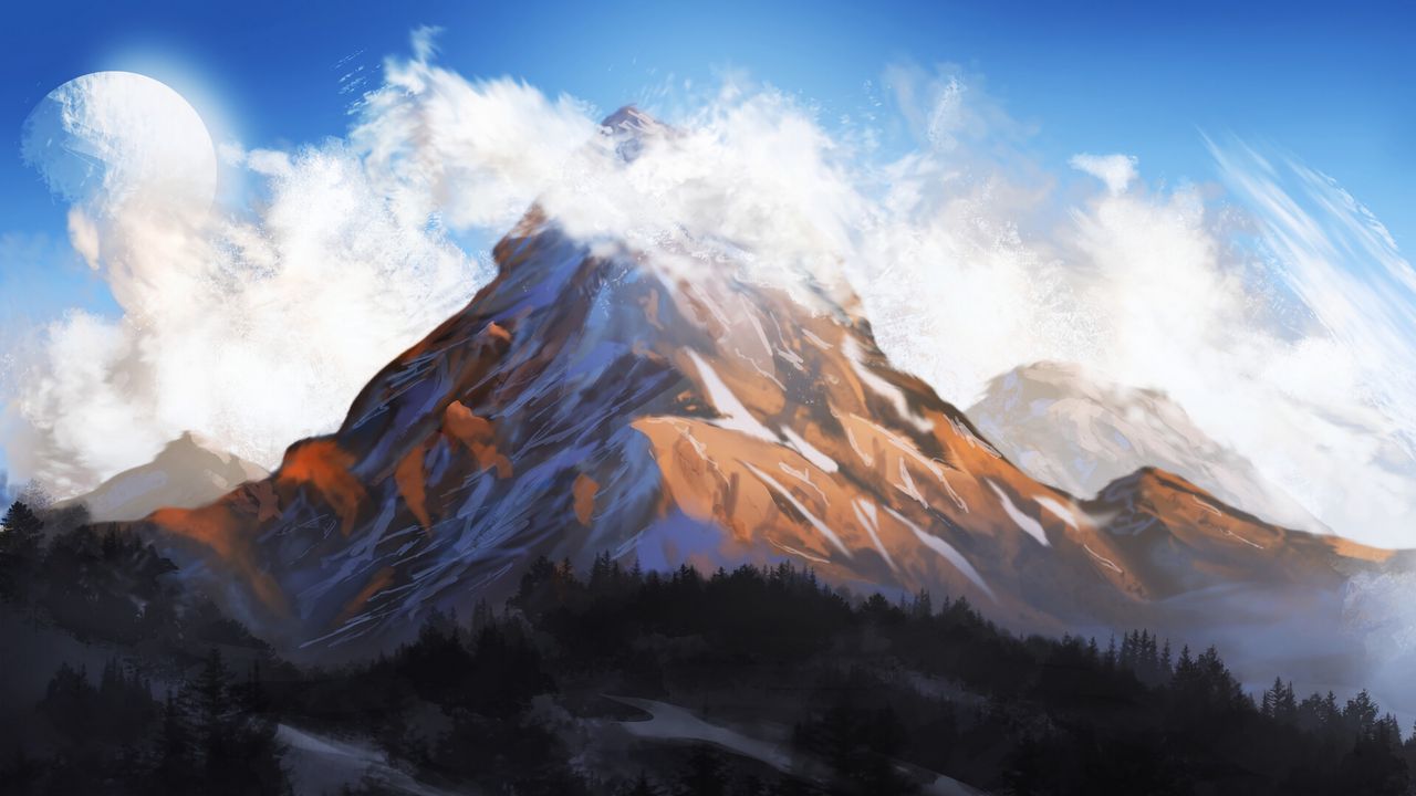 Wallpaper mountain, rock, clouds, fog, art