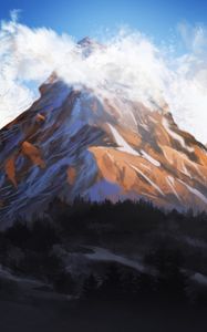 Preview wallpaper mountain, rock, clouds, fog, art