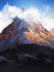 Preview wallpaper mountain, rock, clouds, fog, art