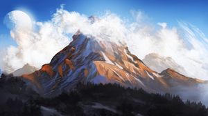 Preview wallpaper mountain, rock, clouds, fog, art