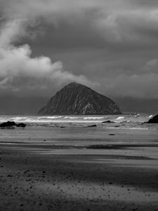 Preview wallpaper mountain, rock, coast, sea, black and white