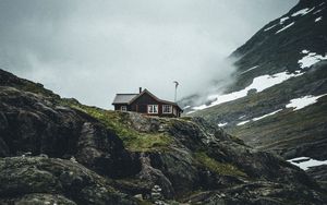 Preview wallpaper mountain, rock, house, nature, solitude, comfort