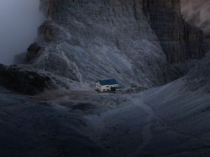 Preview wallpaper mountain, rock, house, valley, nature