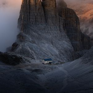 Preview wallpaper mountain, rock, house, valley, nature