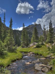 Preview wallpaper mountain, rock, river, spruce, trees, grass