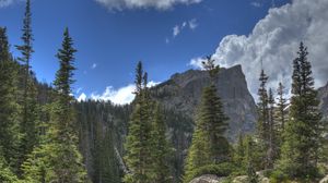 Preview wallpaper mountain, rock, river, spruce, trees, grass